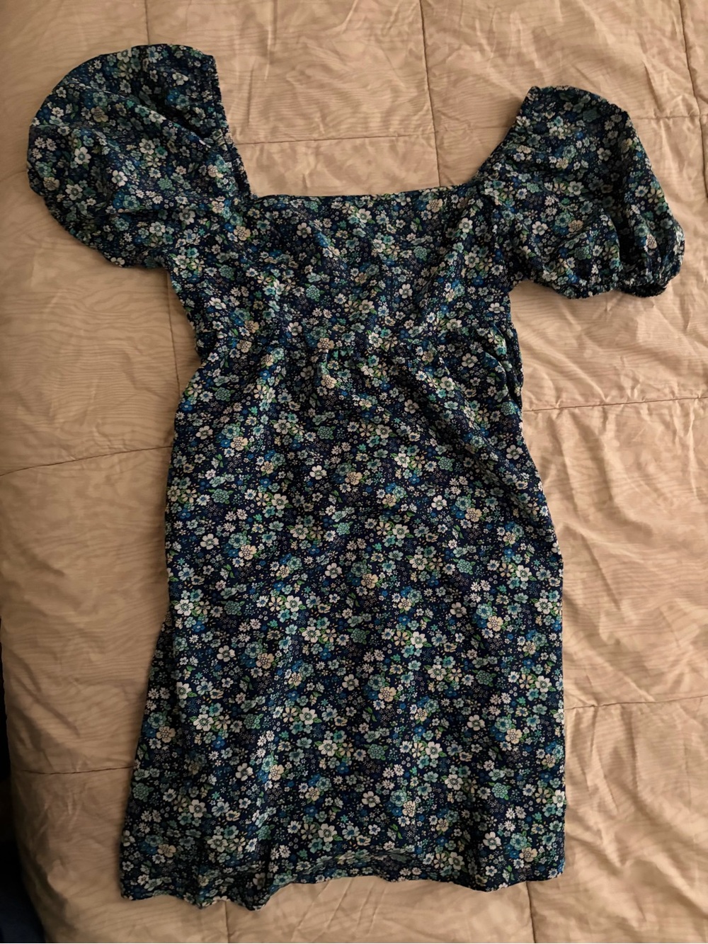 Floral Puff-Sleeve Square-Neck Dress - Blue